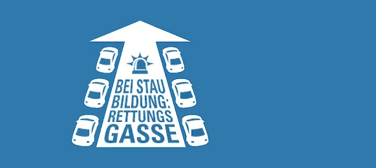 Ein Logo mit der Aufschrift: Bei Staubildung Rettungsgasse.